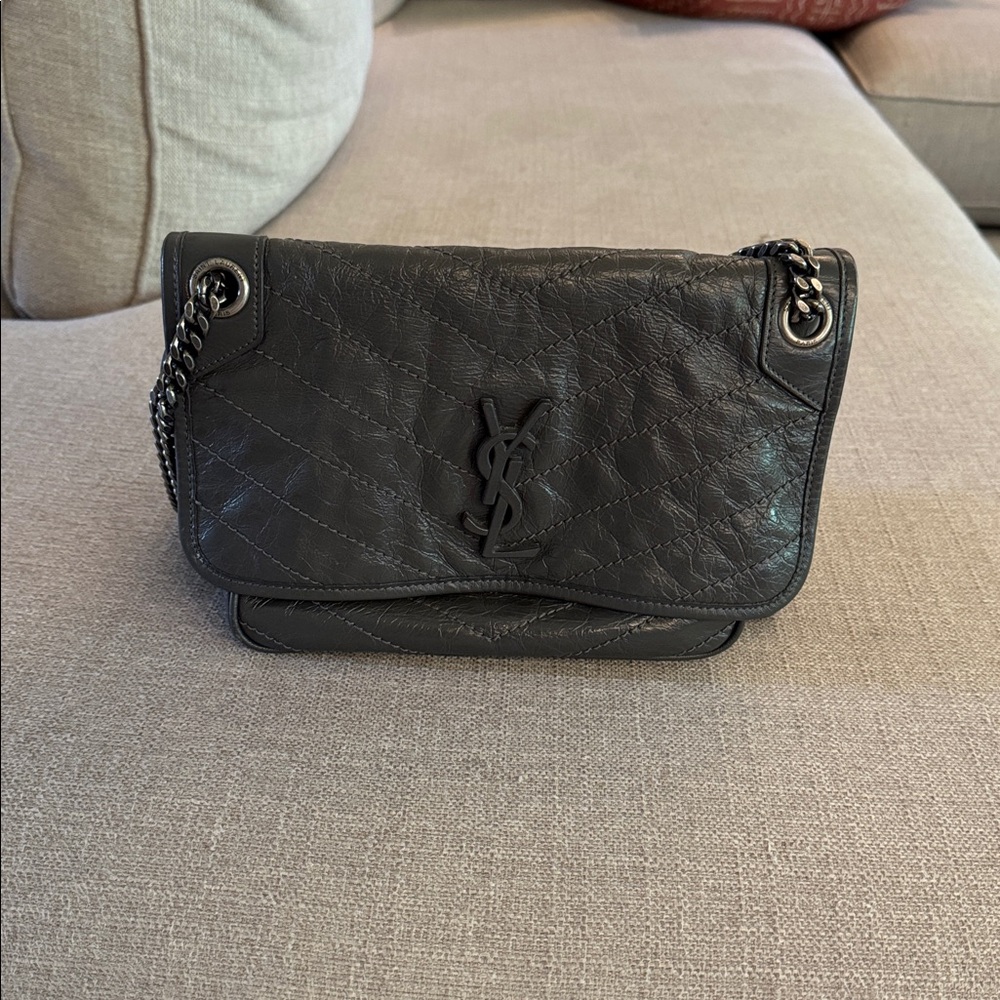 Niki Medium Flap YSL Shoulder Bag in Crinkled Gray Leather